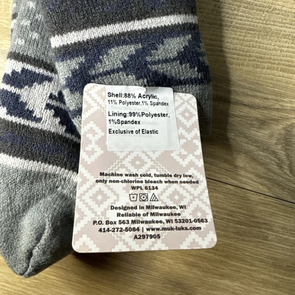 MUK LUKS Cozy Lined Socks‎ Gray Fair Isle One Size Fits Most Lounge Comfy